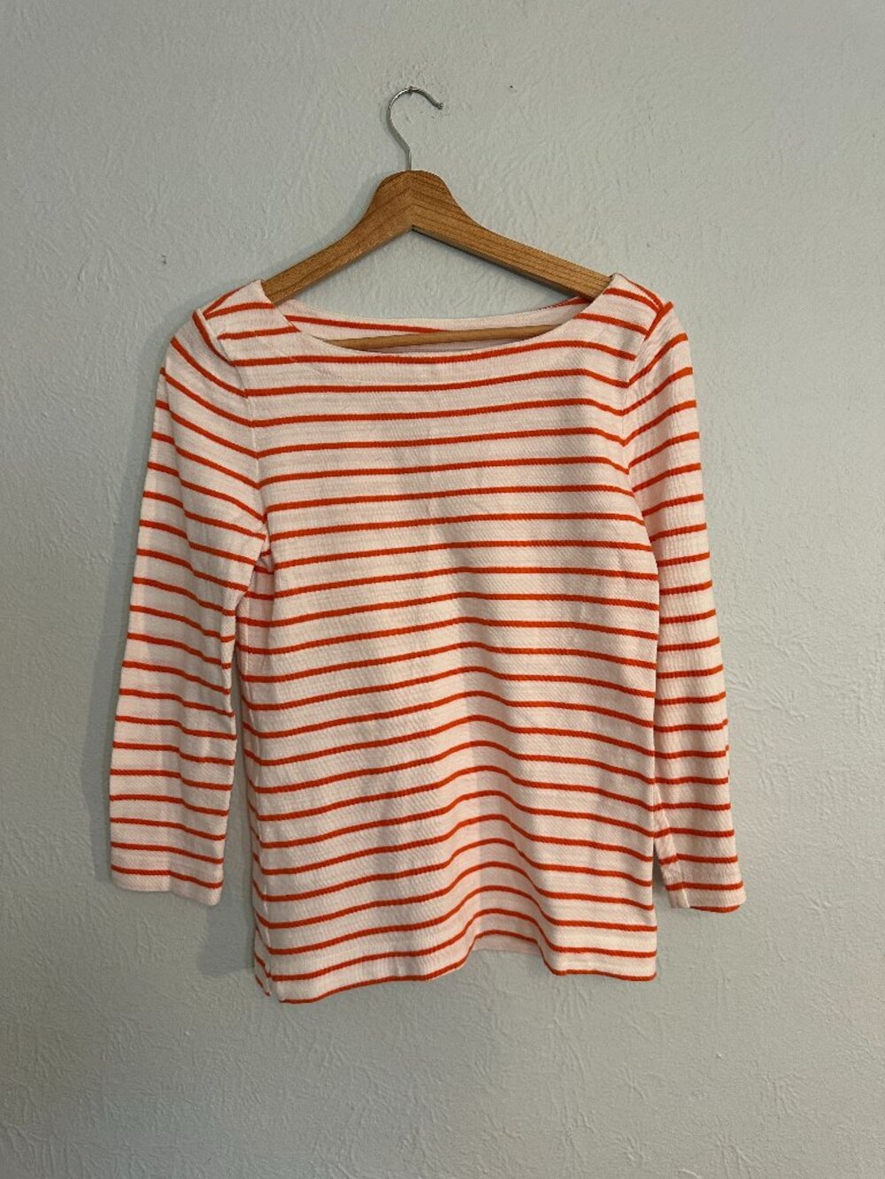 LOFT Breton Stripe Boatneck Top Orange White 3/4 Sleeve Classic French Style XS